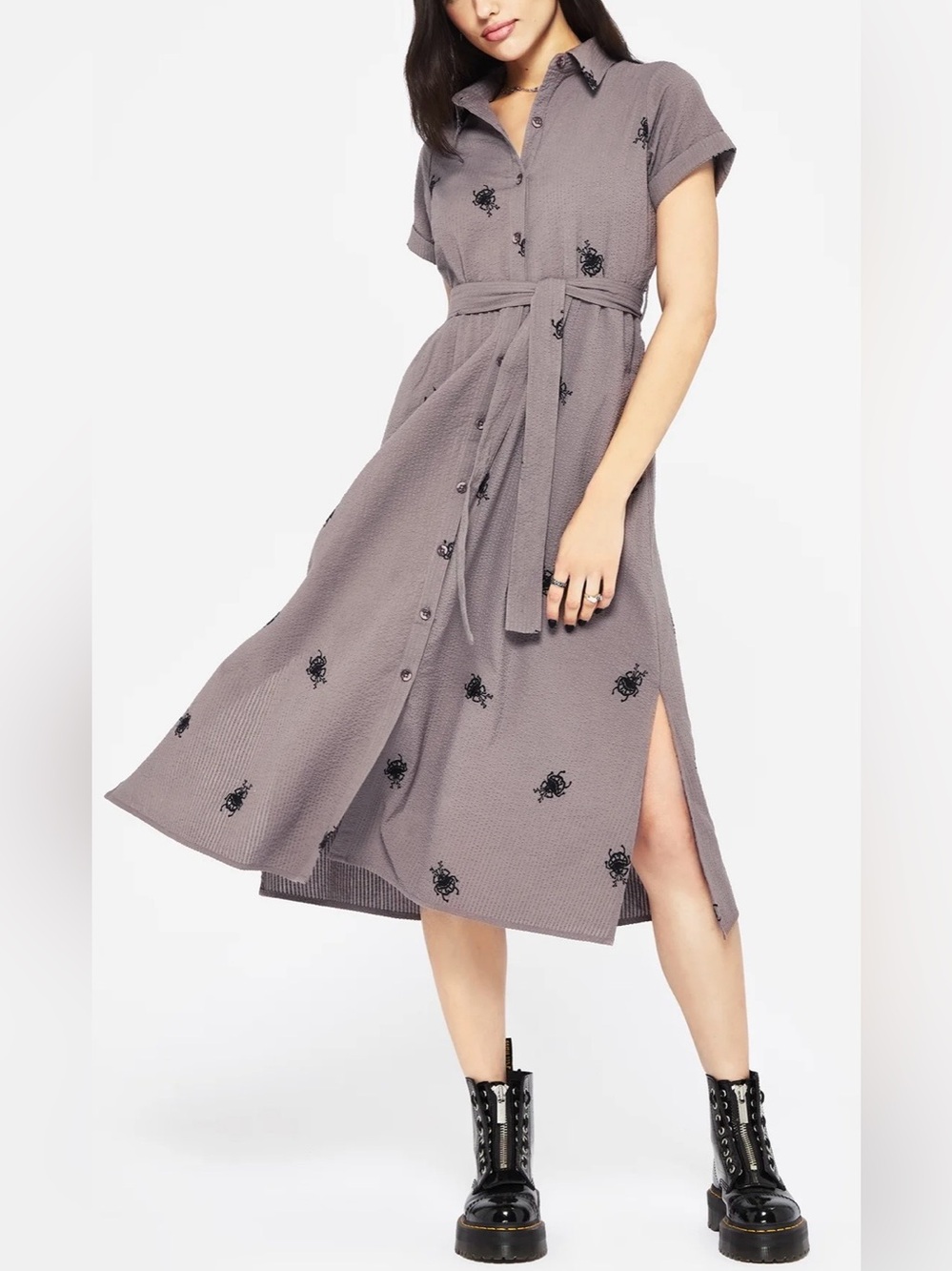 NWT Disturbia Stag Beetle Embroidered Taupe Button Midi Shirt Dress Goth US10 - Picture 2 of 10